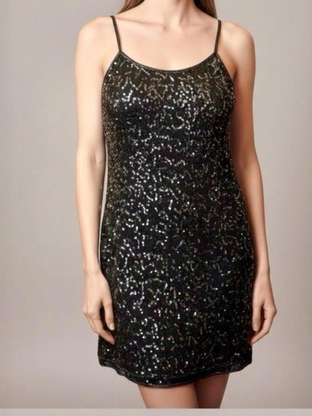 Designer 100% Silk Sequin Knee Length Cocktail Evening Dress Sz M Black Vintage